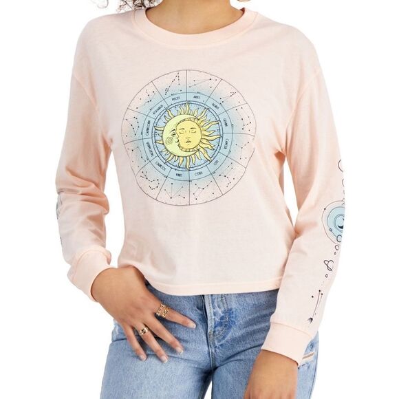 Rebellious One Tops - Juniors' Celestial Horoscope Constellation Long Sleeve Top In Pink Sz XS